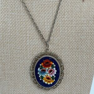 Micro Mosaic blue floral brooch silver tone necklace pendant